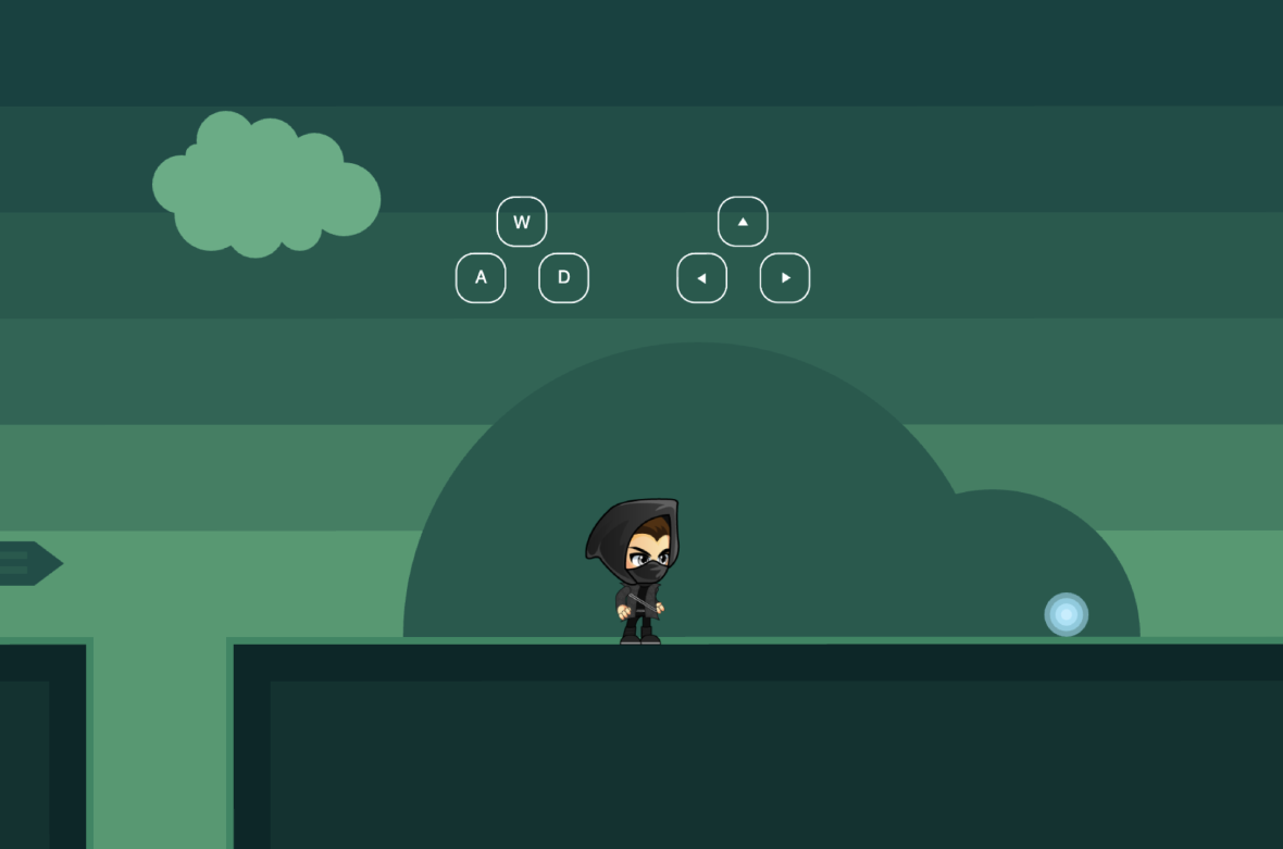 2d platformer showing character facing right, looking at collectable